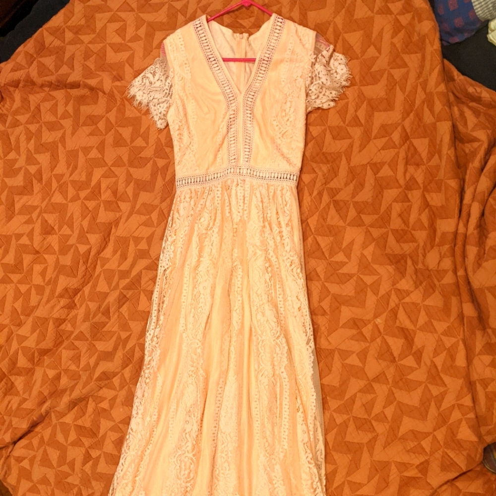 light pink long flowy lace dress